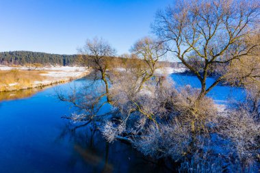Kırsal kesimde güneşli bir günde nehir kıvrımında çıplak ağaçlar, temiz hava kavramı. Kışın soğuk hava