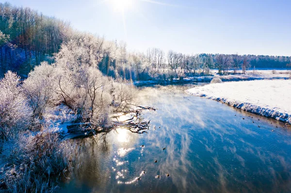 Light fog rises over river on bright sunny day, beautiful scenery. Nature and birds in winter — Stock Photo, Image