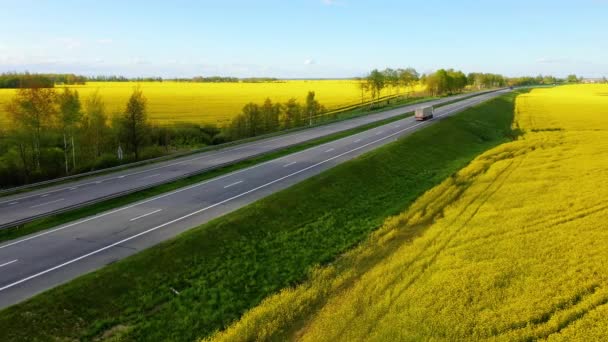 Spedizione Veloce Concetto Logistico Camion Cavalca Sul Campo Giallo — Video Stock