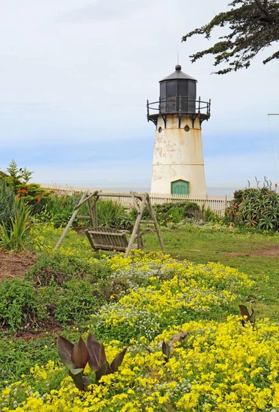 ポイントモンタラフォグ信号とカリフォルニア州道1号線のライトステーション部分的に晴れた日に春の花垂直 — ストック写真