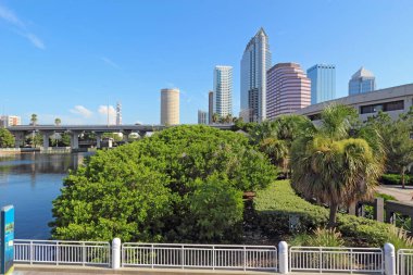 Kısmi Tampa, Florida Ufuk çizgisi Riverwalk Park ve ticari binalar