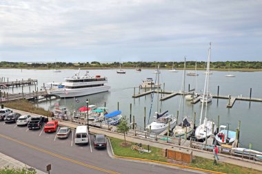 BEAUFORT, NORTH CAROLINA - APRIL 19 2017: Boats in the marina on Front Street in downtown Beaufort, the third-oldest town in the state, rated 