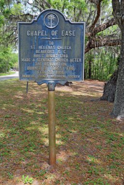 SAINT HELENA ISLAND, SOUTH CAROLINA - APRIL 16 2017: Historical information sign for the Saint Helena Chapel of Ease on Saint Helena Island in Beaufort County, South Carolina