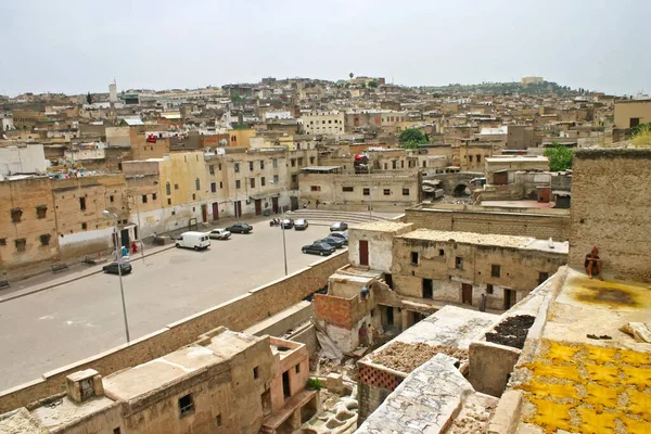 Fez Morocco May 2006 City Skyline View Rooftops Drying Hides — стоковое фото