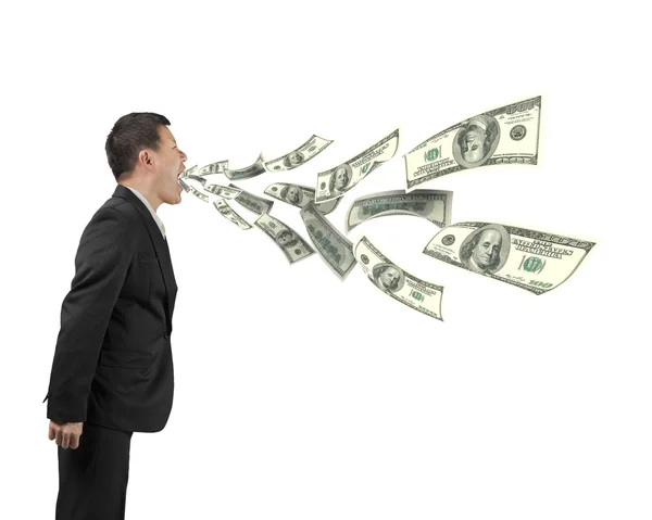 Man's mouth spraying out dollar bills — Stock Photo, Image