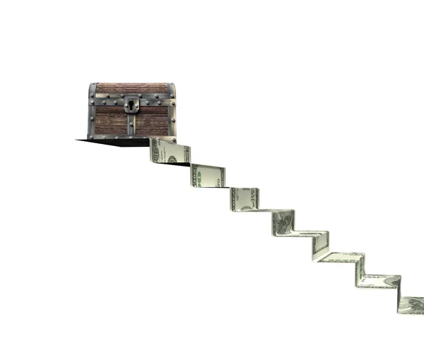Stará truhla s pokladem na schodech peníze, vykreslování 3d objektů — Stock fotografie