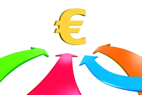 Fyra färg pilar gå mot Euro-symbolen, 3d-rendering — Stockfoto