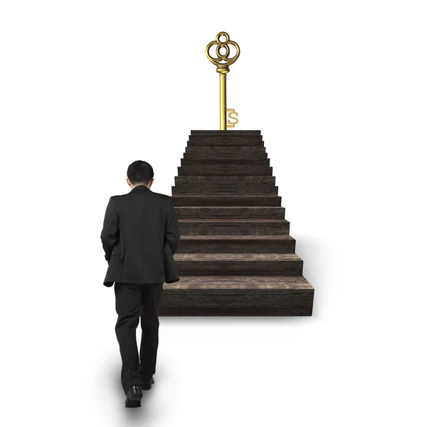 Man walking toward dollar sign treasure key on stairs — Stock Photo, Image