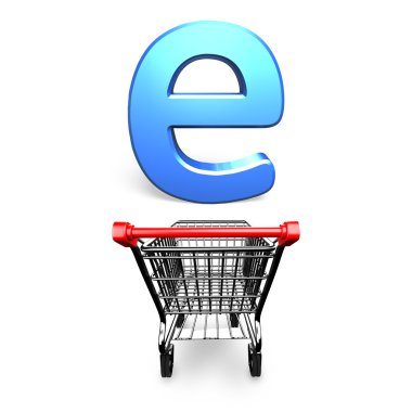 E harfi, 3d render ile alışveriş sepeti