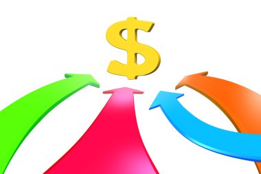 Dört renk ok dolar işareti, 3d render doğru git