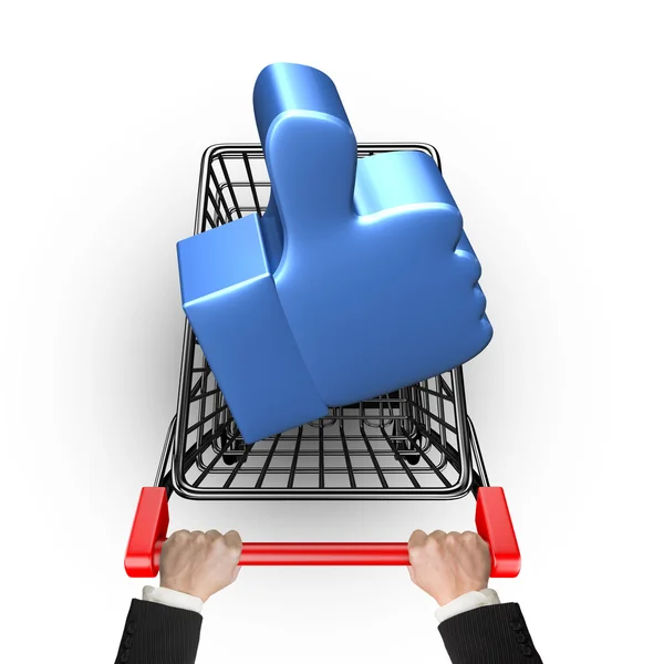 Blue thumb up in shopping cart with hand holding — Stock Photo, Image
