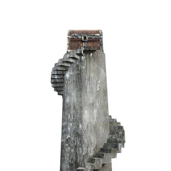Старый сундук с сокровищами на спиральной лестнице, 3D рендеринг — стоковое фото