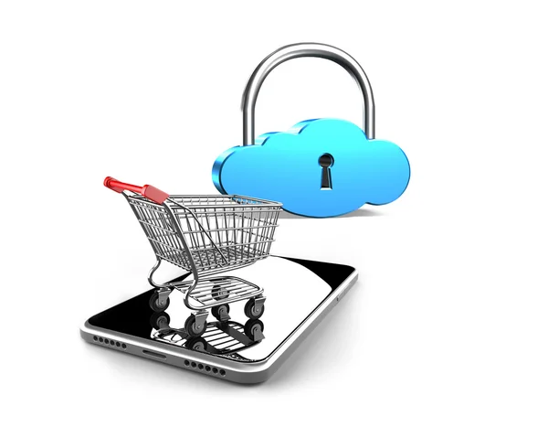 Shopping cart on smartphone with cloud lock, 3D rendering — Stock Photo, Image