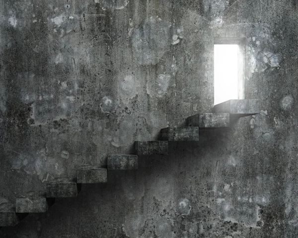 Puerta abierta con luz brillante y viejas escaleras de hormigón sucio —  Fotos de Stock