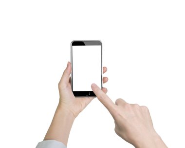 Kadın el beyaz sc dokunmadan işaret parmağı ile akıllı telefon tutarak