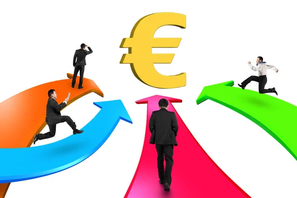 Men on four color arrows go toward golden Euro symbol — Stock Photo, Image