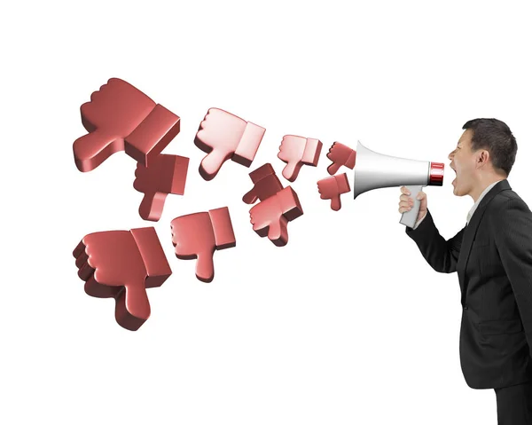 Man hold megaphone with 3D thumbs down spraying out — Stock Photo, Image