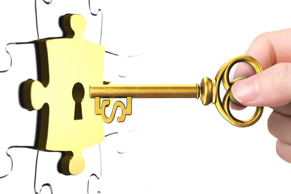 Рука с ключом от знака доллара открытая часть головоломки
