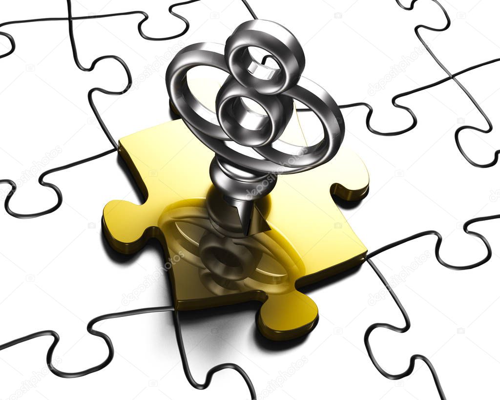Silver key with golden puzzle piece 3D rendering