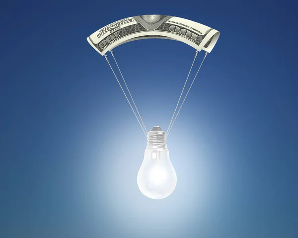 Lampadina luminosa con paracadute denaro, rendering 3D — Foto Stock