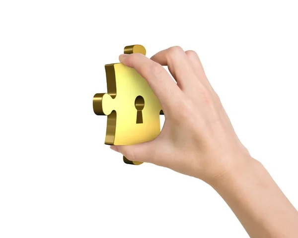 Hand hält ein goldenes Puzzleteil mit Schlüsselloch — Stockfoto