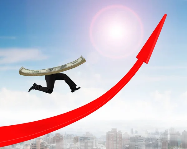 Running money with human legs on red arrow up graph — Stock Photo, Image