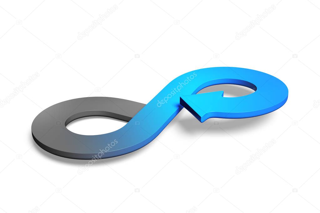 Circular economy concept. Arrow infinity symbol, isolated on white background, 3D rendering.