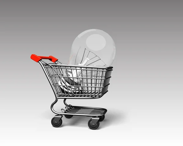 Shopping cart with large light bulb, 3D rendering — Stock Photo, Image