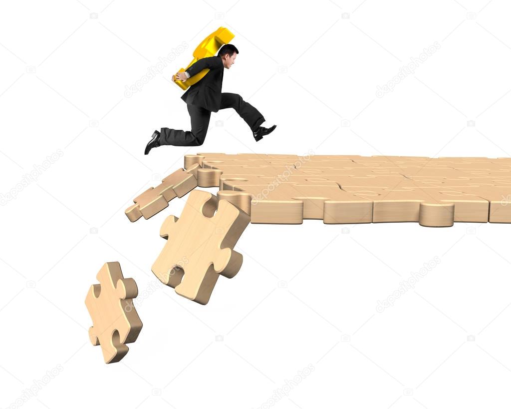 Man carrying dollar sign running on breaking puzzle path