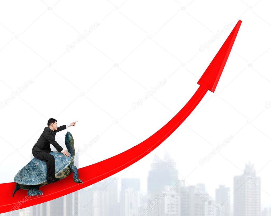 Businessman riding turtle on red arrow up