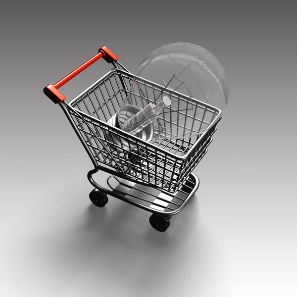Shopping cart with large light bulb, 3D rendering — Stock Photo, Image