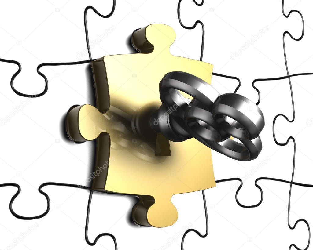Treasure key with golden puzzle piece 3D rendering