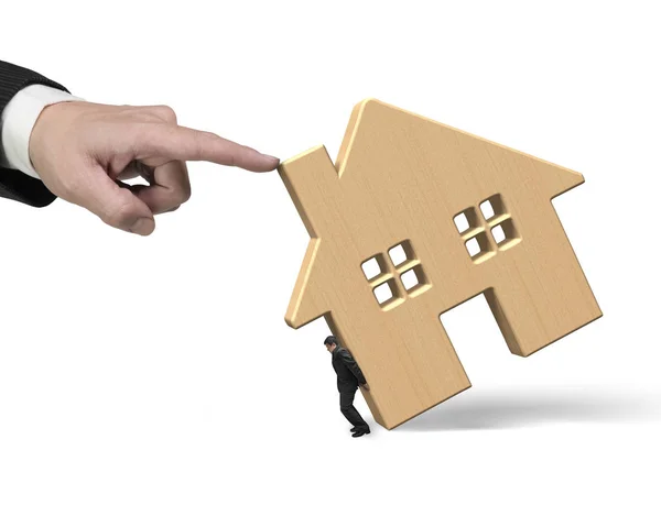 Man holding wooden house with another hand pushing — Stock Photo, Image