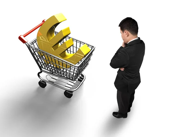 Standing man looking at shopping cart with golden euro sign — Stock Photo, Image
