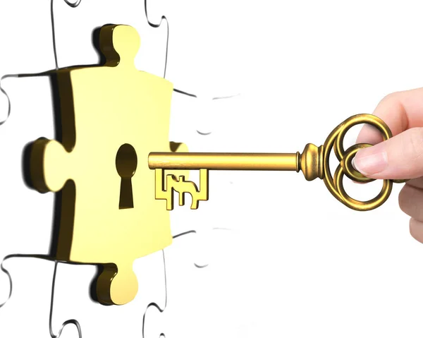 Mão com chave de símbolo de libra peça de quebra-cabeça de bloqueio aberto — Fotografia de Stock