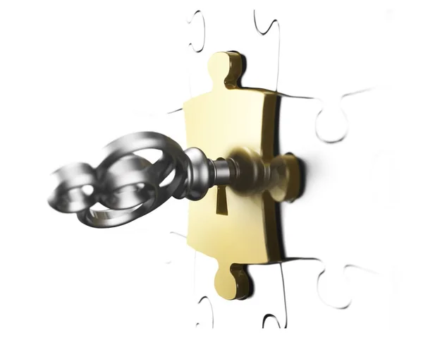 Pezzo di puzzle dorato con chiave d'argento rendering 3D — Foto Stock