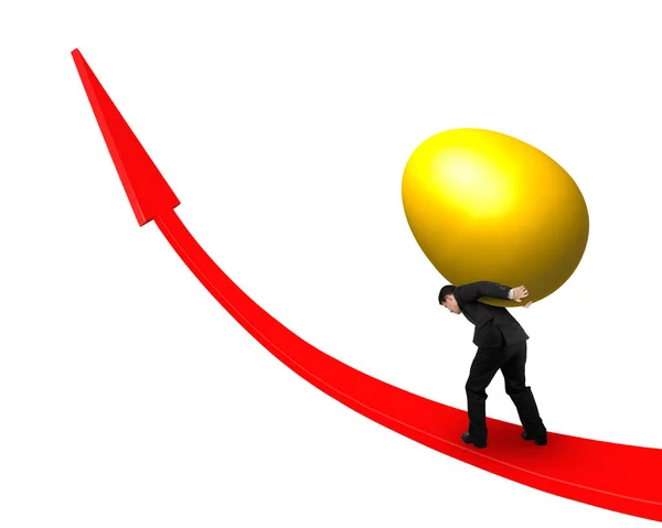 Man carrying golden egg upward on red trend line — Stock Photo, Image