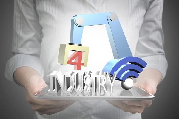 Industry 4.0 concept, hand using tablet controlling robot arm — Stock Photo, Image
