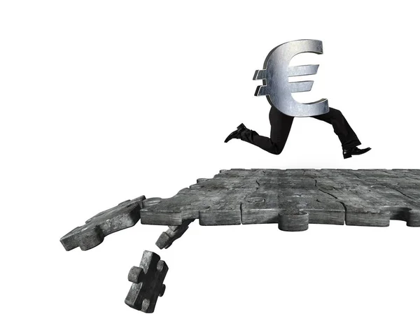 Euro símbolo con las piernas humanas que se ejecutan en romper el suelo del rompecabezas — Foto de Stock