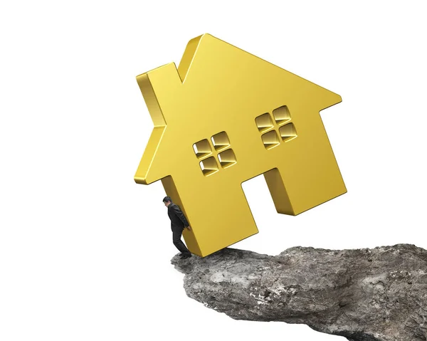 Man holding golden house on cliff edge — Stock Photo, Image