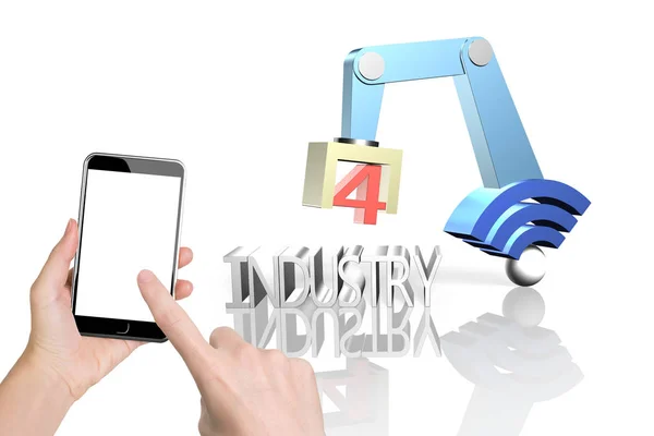 Industrie 4.0 concept, hand met smartphone beheersing robot ar — Stockfoto