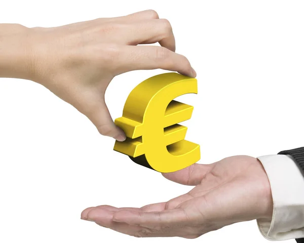 Woman hand giving golden Euro symbol to man hand — Stock Photo, Image