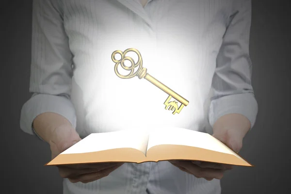 Hands holding open book with golden Euro symbol — Stock Photo, Image