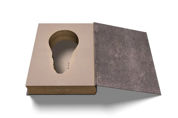 Öppen bok med glödlampa form hål inuti, 3d illustration — Stockfoto
