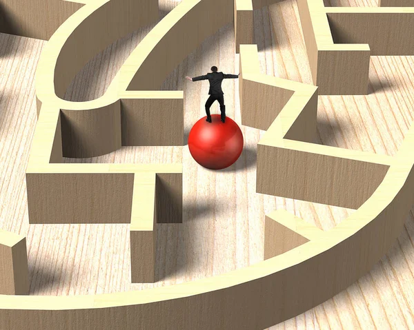 Mann balanciert auf rotem Ball im hölzernen Labyrinth Spiel. — Stockfoto