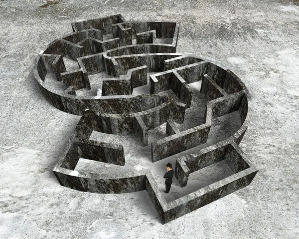 Uomo in piedi in labirinto forma di denaro — Foto Stock