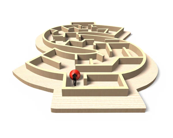 Mann schiebt roten Ball in Geldform Labyrinth Spiel — Stockfoto