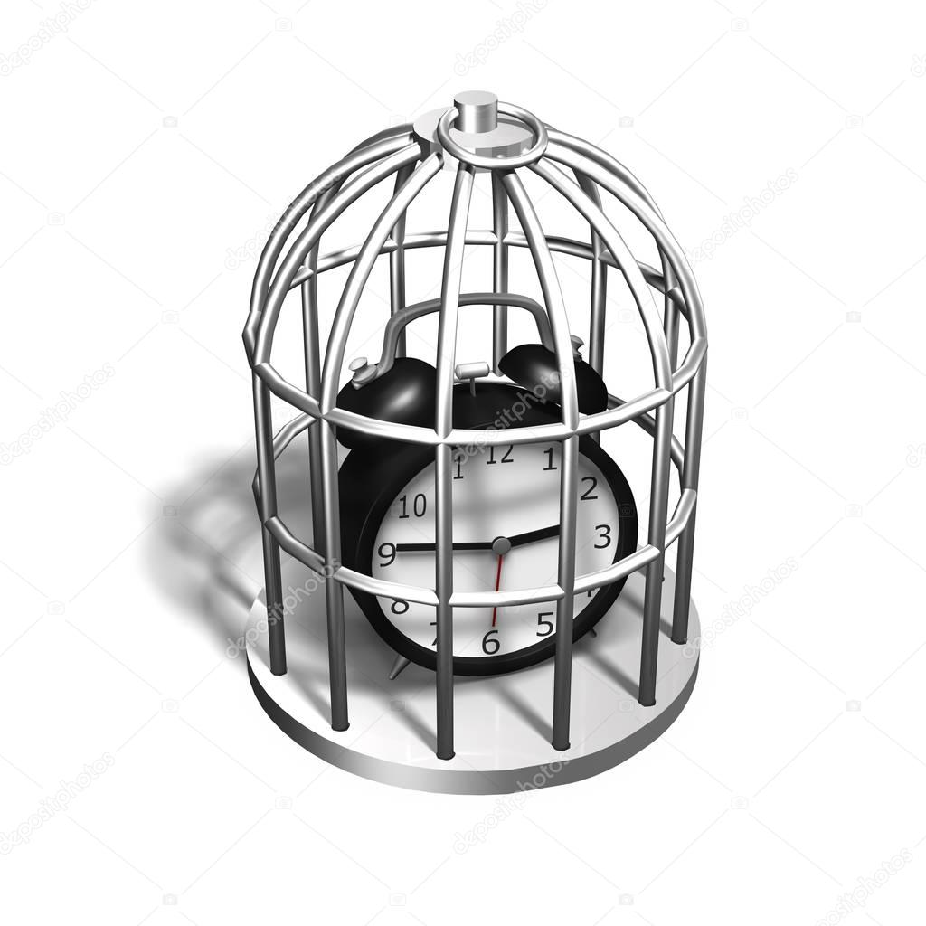 Alarm clock in the silver cage, 3D illustration