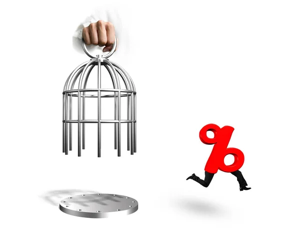 Hand opening cage and percentage sign with human legs running — Stock Photo, Image