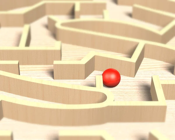 Red ball in wooden maze, 3D illustration — Stock Photo, Image